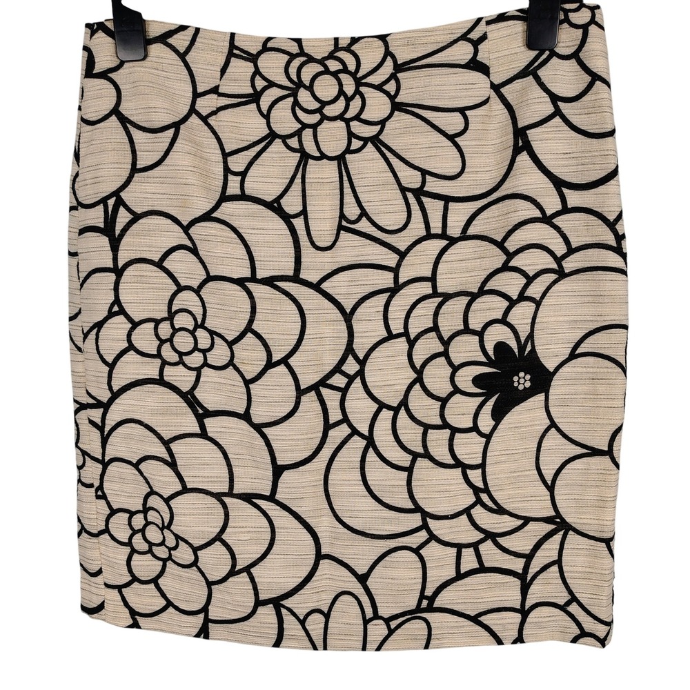 Saks Fifth Avenue Womens SZ 12 Floral Mini Skirt Beige Black Cotton Linen Mod